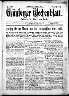 Grünberger Wochenblatt: Zeitung für Stadt und Land, No. 142. (29. September 1914)
