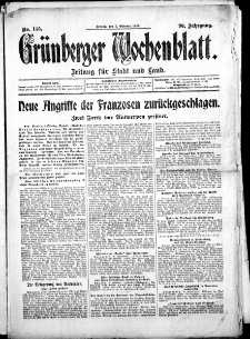 Grünberger Wochenblatt: Zeitung für Stadt und Land, No. 145. (2. Oktober 1914)