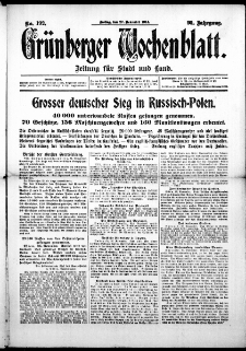 Grünberger Wochenblatt: Zeitung für Stadt und Land, No. 192. (27. November 1914)