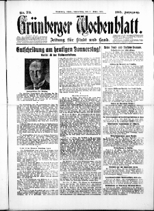 Grünberger Wochenblatt: Zeitung für Stadt und Land, No. 73. ( 27. März 1930 )