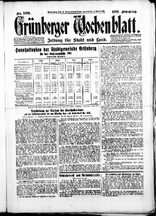 Grünberger Wochenblatt: Zeitung für Stadt und Land, No. 109. ( 10. / 11. Mai 1930 )