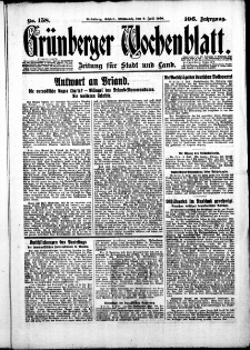 Grünberger Wochenblatt: Zeitung für Stadt und Land, No. 158. ( 9. Juli 1930 )