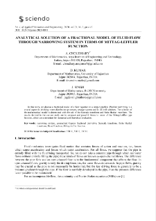 Analytical solution of a fractional model of fluid flow through narrowing system in terms of mittag-leffler function
