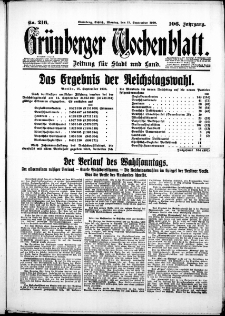 Grünberger Wochenblatt: Zeitung für Stadt und Land, No. 216. ( 15. September 1930 )