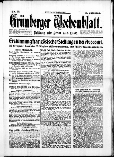 Grünberger Wochenblatt: Zeitung für Stadt und Land, No. 69. (22. März 1916)
