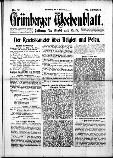 Grünberger Wochenblatt: Zeitung für Stadt und Land, No. 82. (6. April 1916)