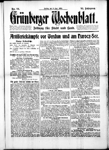 Grünberger Wochenblatt: Zeitung für Stadt und Land, No. 89. (14. April 1916)