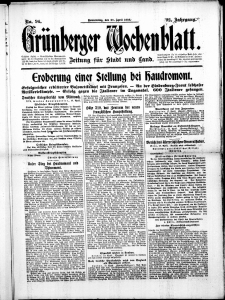 Grünberger Wochenblatt: Zeitung für Stadt und Land, No. 94. (20. April 1916)