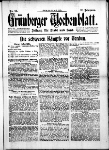 Grünberger Wochenblatt: Zeitung für Stadt und Land, No. 95. (21. April 1916)