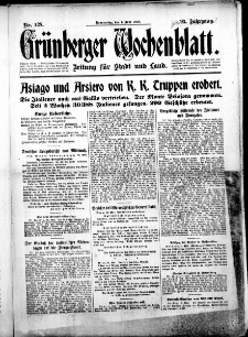 Grünberger Wochenblatt: Zeitung für Stadt und Land, No. 128. (1. Juni 1916)