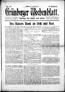 Grünberger Wochenblatt: Zeitung für Stadt und Land, No. 179. (2. August 1916)