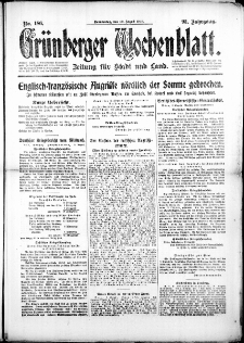Grünberger Wochenblatt: Zeitung für Stadt und Land, No. 186. (10. August 1916)