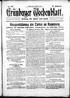 Grünberger Wochenblatt: Zeitung für Stadt und Land, No. 205. (1. September 1916)