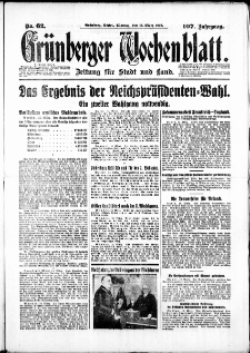Grünberger Wochenblatt: Zeitung für Stadt und Land, No. 62. ( 14. März 1932)