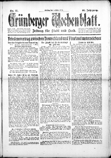 Grünberger Wochenblatt: Zeitung für Stadt und Land, No. 57. (8. März 1918)