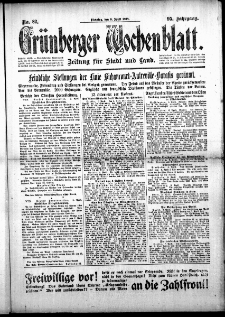 Grünberger Wochenblatt: Zeitung für Stadt und Land, No. 82. (9. April 1918)