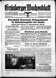 Grünberger Wochenblatt: Zeitung für Stadt und Land, No. 198. ( 26./ 27. August 1939)