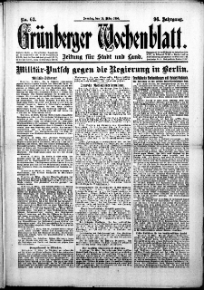Grünberger Wochenblatt: Zeitung für Stadt und Land, No. 63. (14. März 1920)