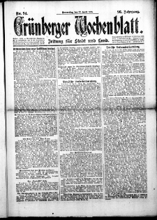 Grünberger Wochenblatt: Zeitung für Stadt und Land, No. 94. (22. April 1920)