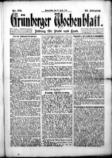 Grünberger Wochenblatt: Zeitung für Stadt und Land, No. 100. (29. April 1920)