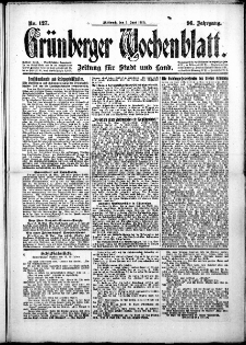 Grünberger Wochenblatt: Zeitung für Stadt und Land, No. 127. (2. Juni 1920)