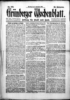Grünberger Wochenblatt: Zeitung für Stadt und Land, No. 216. (14. September 1920)