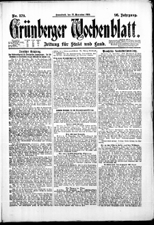 Grünberger Wochenblatt: Zeitung für Stadt und Land, No. 279. (27. November 1920)