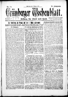 Grünberger Wochenblatt: Zeitung für Stadt und Land, No. 14. (17. Januar 1922)