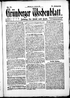 Grünberger Wochenblatt: Zeitung für Stadt und Land, No. 27. (1. Februar 1922)