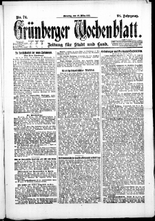 Grünberger Wochenblatt: Zeitung für Stadt und Land, No. 74. (28. März 1922)