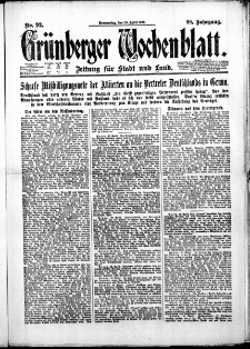 Grünberger Wochenblatt: Zeitung für Stadt und Land, No. 92. (20. April 1922)