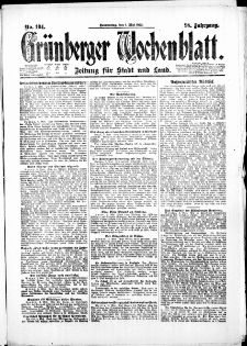 Grünberger Wochenblatt: Zeitung für Stadt und Land, No. 104. (4. Mai 1922)