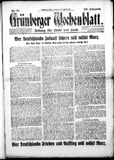 Grünberger Wochenblatt: Zeitung für Stadt und Land, Nr. 91. (19. April 1925)