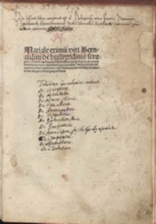 Mariale eximii viri Bernardini de busti ordinis seraphici Francisci: de singulis festiuitatibus beate virginis per modu[m] sermonu[m] tractans. omni theologia copiosum. deniq[ue] vtriusq[ue] iur[is] auctoritatibus applicatis: [et] arte humanitatis refertum. in omnibus allegationibus p[ro]mptissimus