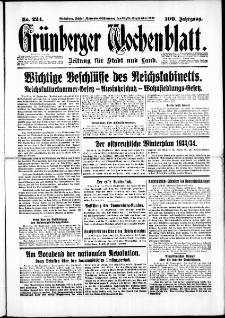 Grünberger Wochenblatt: Zeitung für Stadt und Land, No. 224. (23./24. September 1933)