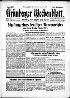 Grünberger Wochenblatt: Zeitung für Stadt und Land, No. 227. (27. September 1933)