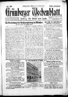 Grünberger Wochenblatt: Zeitung für Stadt und Land, No. 39. (15. Februar 1928)