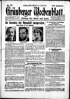 Grünberger Wochenblatt: Zeitung für Stadt und Land, No. 87. (15. April 1931)