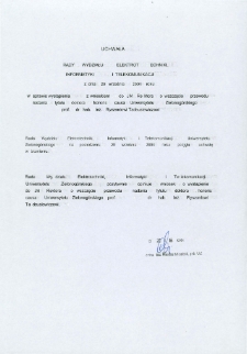 Uchwała Rady Wydziału Elektrotechniki, Informatyki i Telekomunikacji z dnia 29 września 2004 roku w sprawie wystąpienia z wnioskiem do JM Rektora o wszczęcie przewodu nadania tytułu doktora honoris causa Uniwersytetu Zielonogórskiego prof. dr hab. inż. Ryszardowi Tadeusiewiczowi