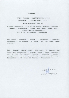 Uchwała Rady Wydziału Elektrotechniki, Informatyki i Telekomunikacji z dnia 29 września 2004 roku w sprawie powierzenia prof. dr hab. inż. Józefowi Korbiczowi obowiązków promotora w postępowaniu o nadanie tytułu doktora honoris causa Uniwersytetu Zielonogórskiego prof. dr. hab. inż. Ryszardowi Tadeusiewiczowi