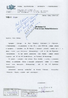 Pismo Dziekana Wydziału Elektrotechniki, Informatyki i Telekomunikacji o podjęciu uchwały przez Radę Wydziału w sprawie wystąpienia do JM Rektora Uniwersytetu Zielonogórskiego z wnioskiem o nadanie tytułu doktora honoris causa Uniwersytetu Zielonogórskiego prof. dr. hab. inż. Ryszardowi Tadeusiewiczowi