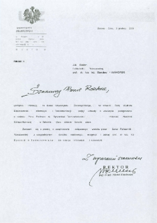 Pismo JM Rektora Uniwersytetu Zielonogórskiego do JM Rektora Politechniki Warszawskiej w sprawie zaopiniowania przez Senat Politechniki Warszawskiej wniosku o nadanie prof. Ryszardowi Tadeusiewiczowi tytułu doktora honoris causa