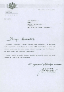 List Rektora Uniwersytetu Zielonogórskiego do prof. Ryszarda Tadeusiewicza zawiadamiający o nadaniu Mu przez Senat Uniwersytetu Zielonogórskiego tytułu doktora honoris causa