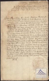 Pismo Michała Serwacego Korybuta Wiśniowieckiego do przeora Konwentu Wigierskiego Ojców Kamedułów w sprawie ofiarowanej na rzecz kościoła sumy półtora tysiąca złotych z podpisem księcia Wiśniowieckiego oraz pieczęcią
