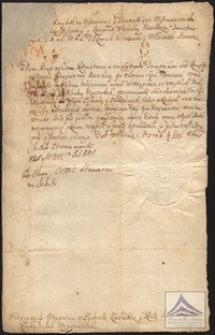 Pismo Michała Serwacego Korybuta Wiśniowieckiego do rotmistrza Krupińskiego dowodzącego chorągwią kozacką w sprawie ustąpienia ze wsi należących do konwiktu wigierskiego z podpisem księcia Wiśniowieckiego oraz pieczęcią