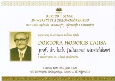 Afisz promujący uroczystość nadania tytułu doktora honoris causa profesorowi Julianowi Musielakowi z Uniwersytetu im. Adama Mickiewicza