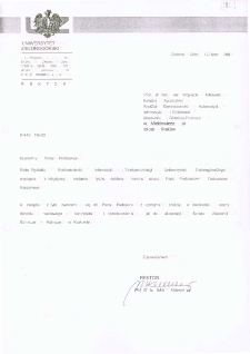 Pismo JM Rektora Uniwersytetu Zielonogórskiego do prof. dr. hab. inż. Wojciecha Mitkowskiego z prośbą o dokonanie oceny dorobku naukowego prof. Tadeusza Kaczorka, kandydata do tytułu doktora honoris causa Uniwersytetu Zielonogórskiego