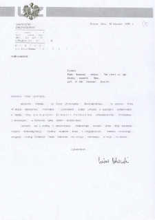 Pismo JM Rektora Uniwersytetu Zielonog&oacute;rskiego do Dyrektora Rady Naukowej Instytutu Matematycznego PAN w sprawie zaopiniowania wniosku o nadanie prof. Diethardowi Ernstowi Pallaschke tytułu doktora honoris causa