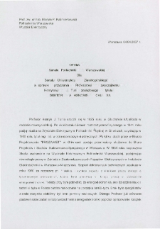 Opinia Senatu Politechniki Warszawskiej Dla Senatu Uniwersytetu Zielonogórskiego w sprawie przyznania Profesorowi zwyczajnemu Henrykowi J. Tuni zasłużonego tytułu doktora honoris causa