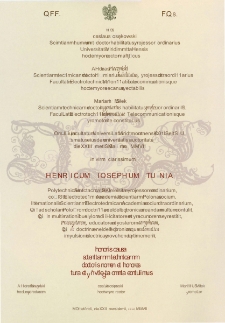 Dyplom nadania tytułu doktora honoris causa profesorowi Henrykowi Tuni